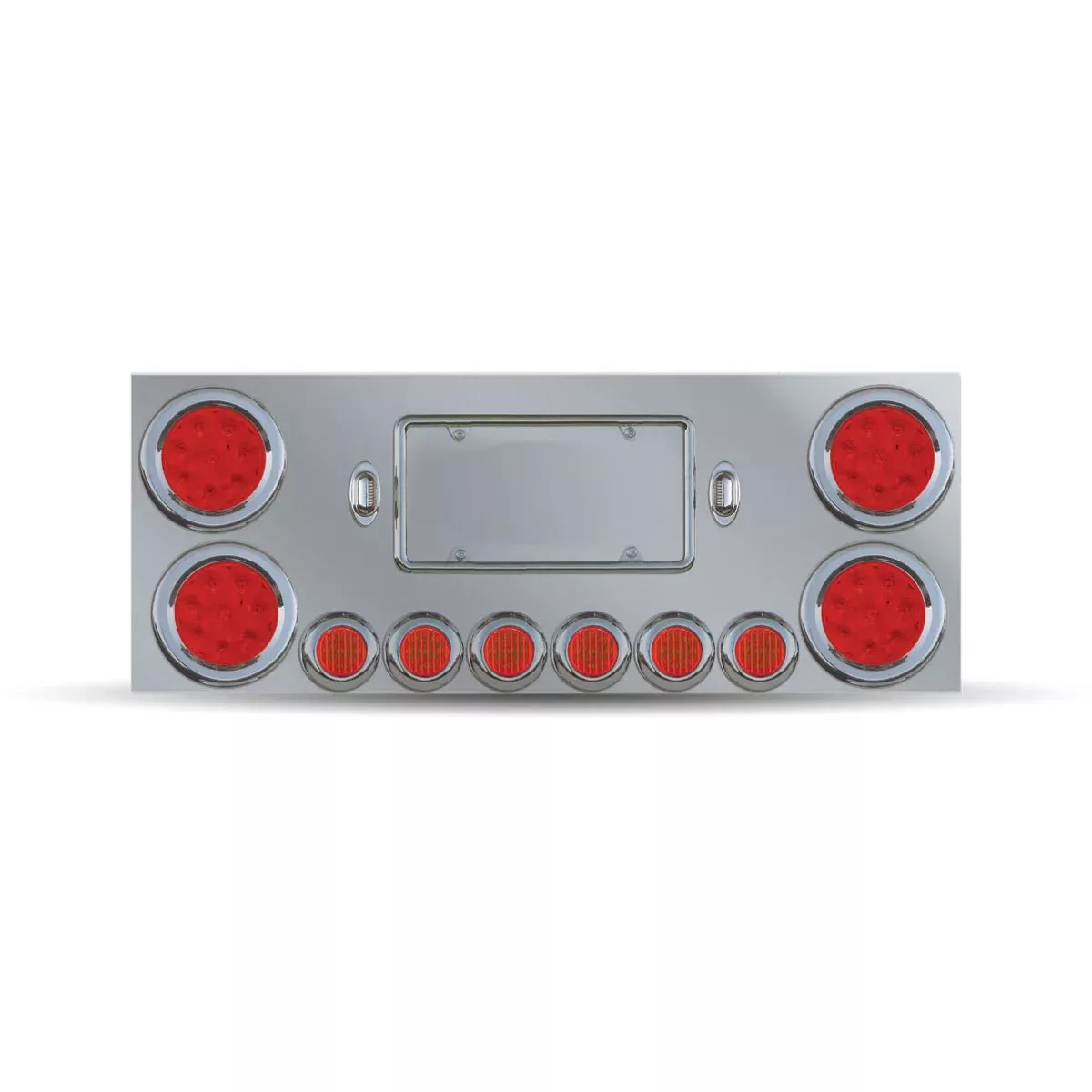 12″ stainless steel rear center panel w/back, 4 round 4″, 6 round 2″ LED lights, grommets, wiring, chrome bezels + license plate frame and lights