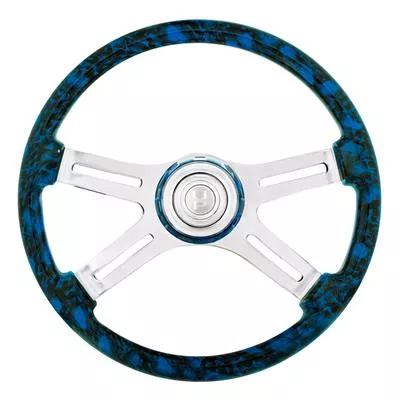 “Blue Skulls” Painted Wood 18″ Steering Wheel W/Chrome Spokes – 3 Hole Style