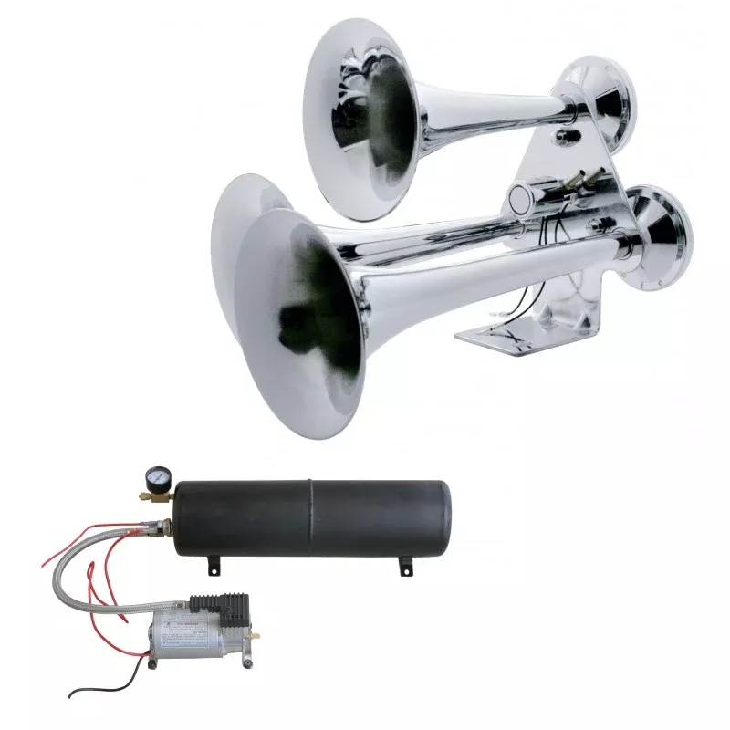 Chrome 3-bell train horn kit w/compressor and air tank