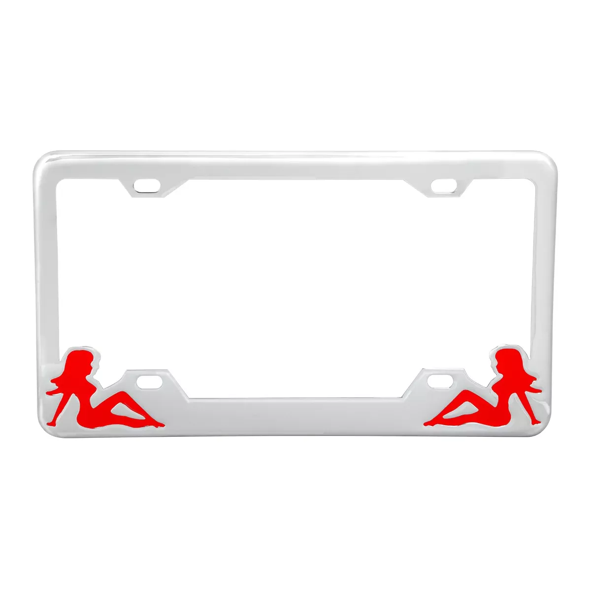 Chrome license plate frame w/red mudflap girl design