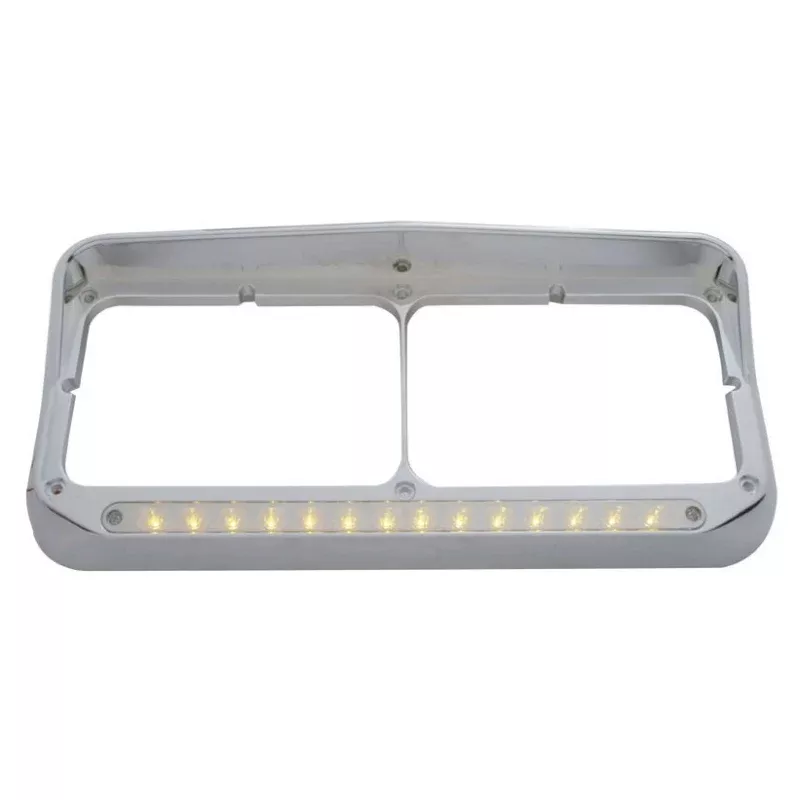 Chrome plastic dual rectangular headlight bezel w/visor, amber LED turn signal – chrome lens