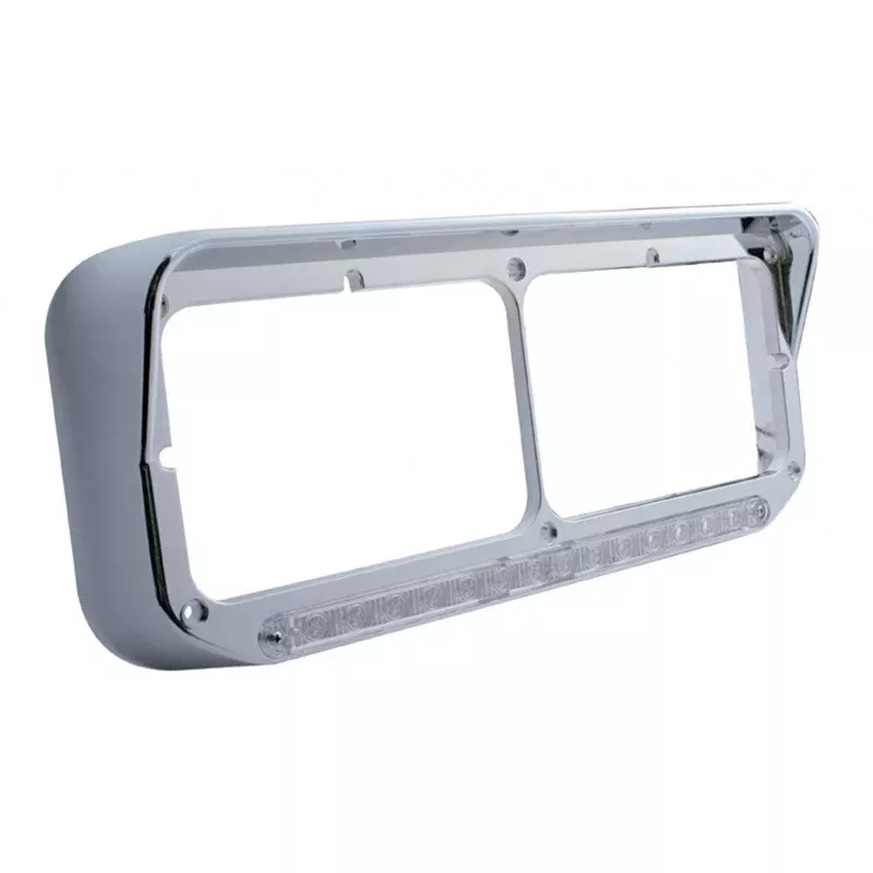 Chrome plastic dual rectangular headlight bezel w/visor, amber LED turn signal – CLEAR lens