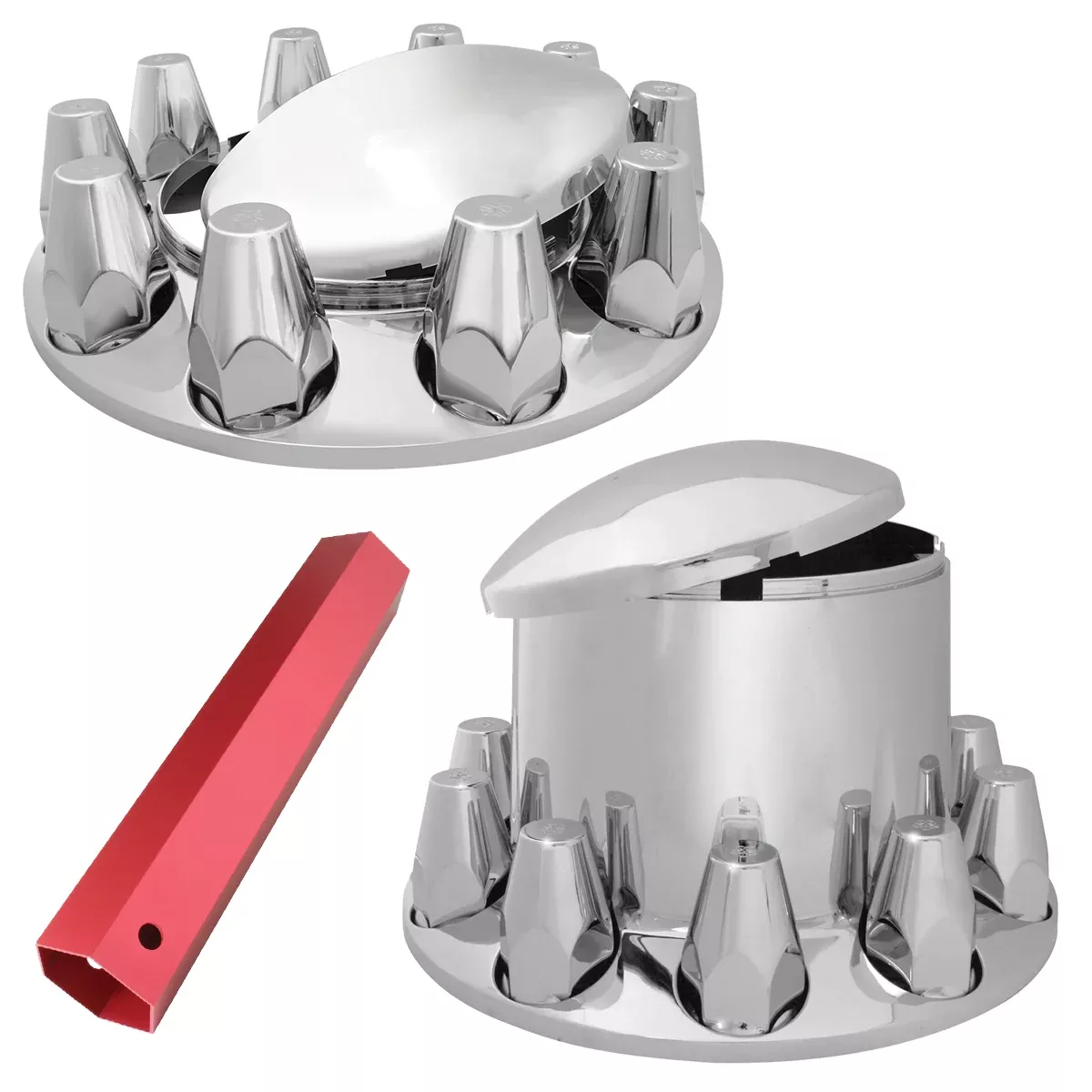 “Commercial Quality” full set of 6 chrome plastic axle covers – 2 steers, 4 drives, plus installation tool
