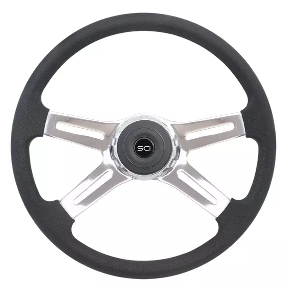 “Convoy” 18″ black polyurethane steering wheel w/4 chrome spokes – 3 hole style