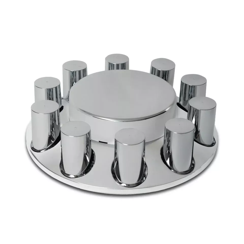 Flat style chrome ABS plastic front axle cover w/ten 33mm thread-on lugnut covers – SINGLE