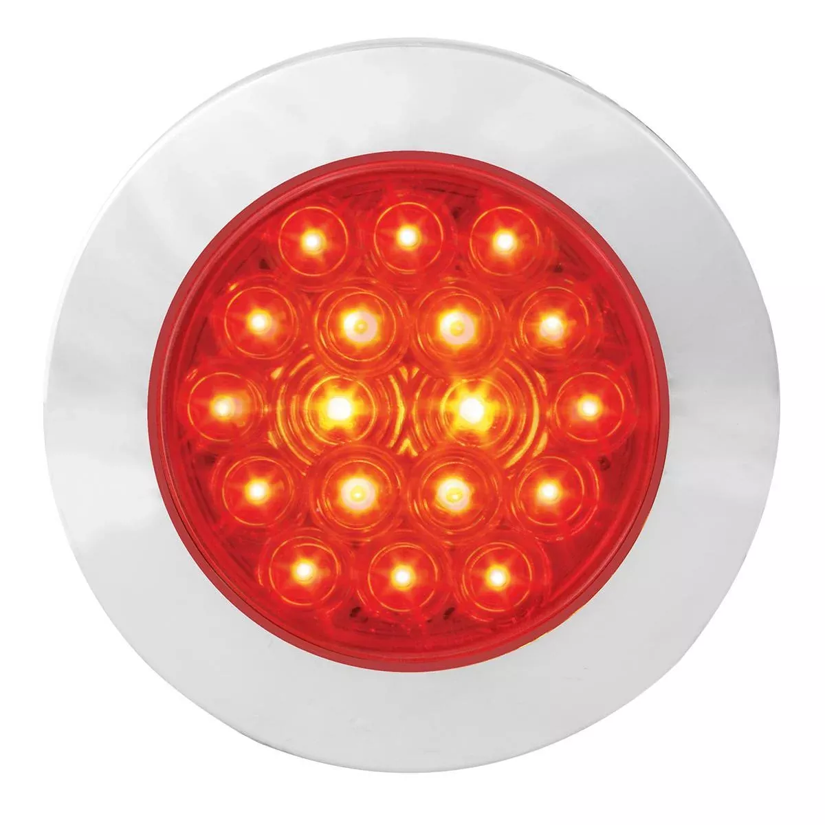 “Fleet” Red 4″ round 18 diode LED surface mount stop/turn/tail light w/Twist N Lock chrome bezel, 3 wires (no plug)