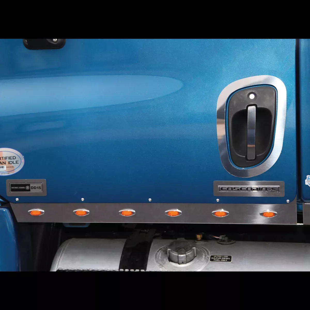 Freightliner Cascadia w/long hood stainless steel cab panel w/6 combo light holes