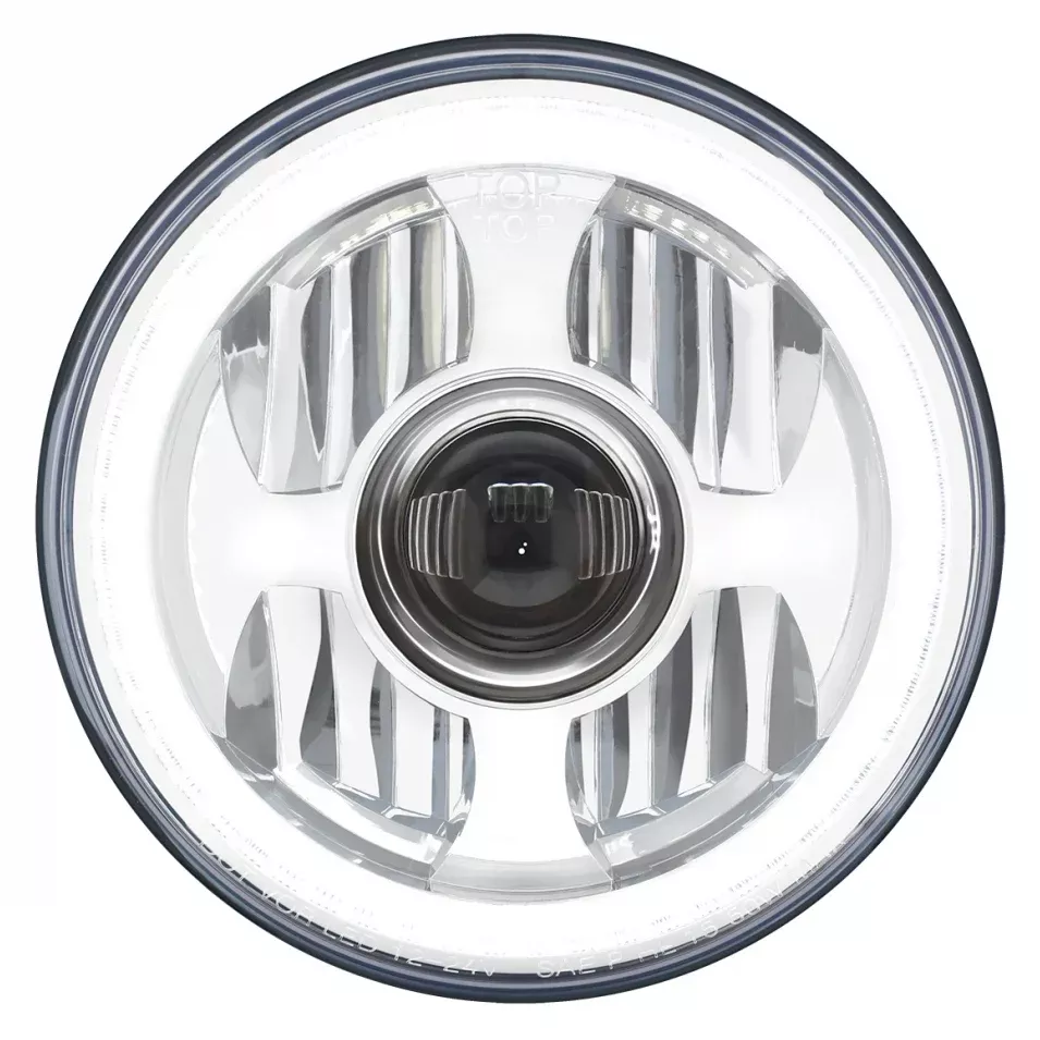 “Halo Glow” single 7″ diameter LED projection-style headlight with amber/white outer ring – SINGLE