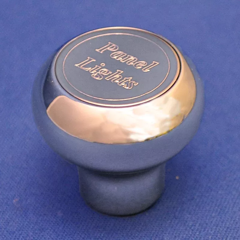 “Panel Lights” chrome aluminum dash knob with engraved plate