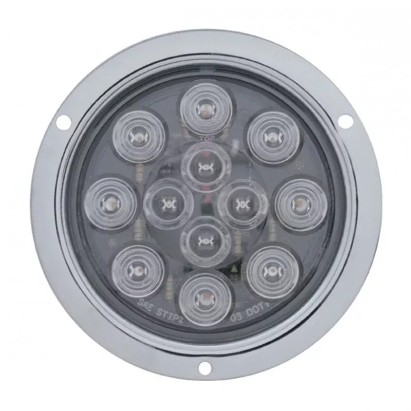 Red 4″ round 12 diode LED stop/turn/tail utility light w/stainless steel flange – CLEAR lens