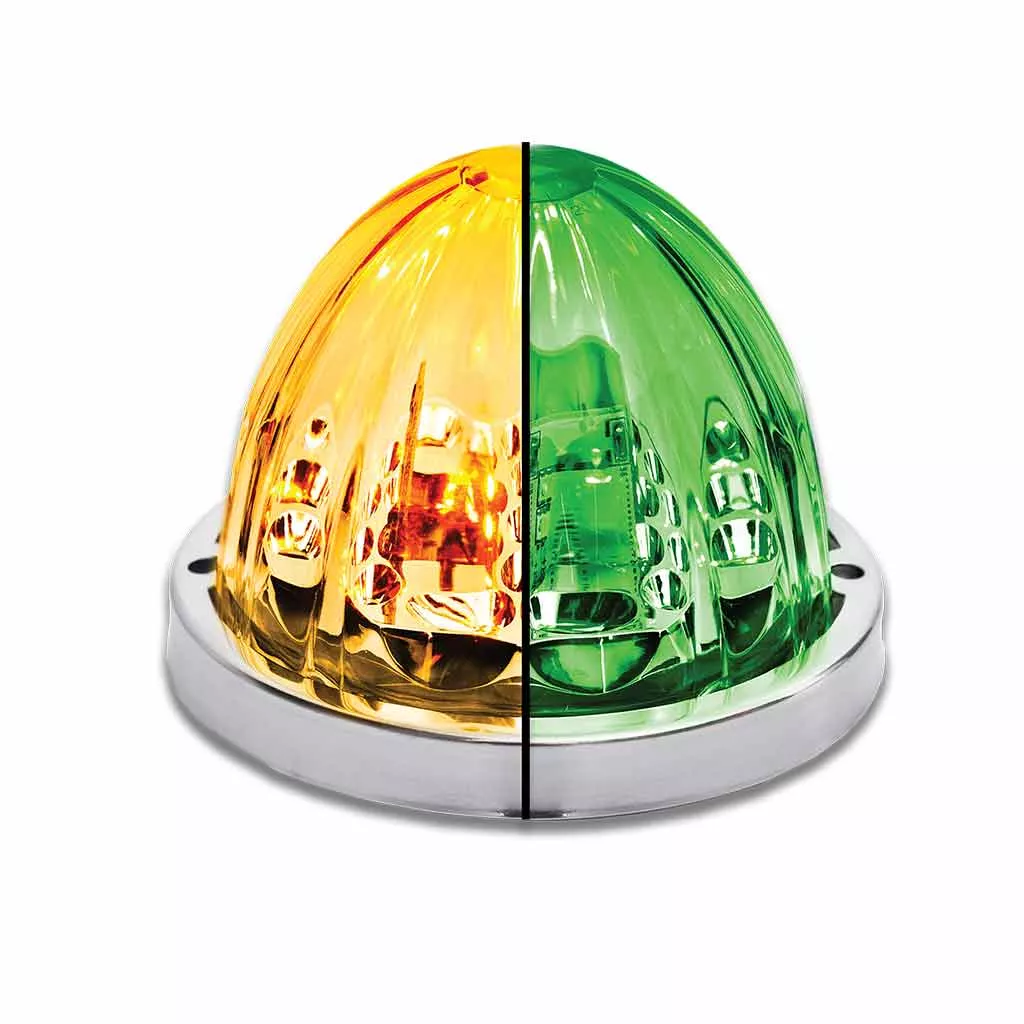 “Starburst” Dual Revolution Amber/Green 19 diode watermelon-style LED turn signal/auxiliary light – CLEAR lens