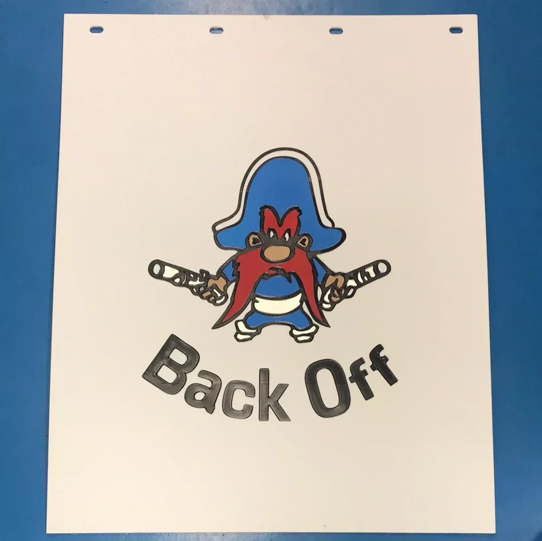 Yosemite Sam 24″ x 30″ white plastic mudflap w/ logo